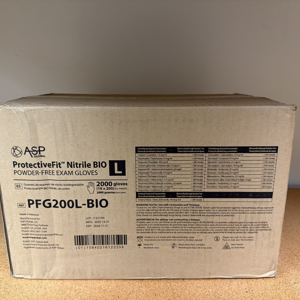 Asp Global ProtectiveFit Nitrile BIO Gloves Large Case 10 Boxes 2000ct PFG200L